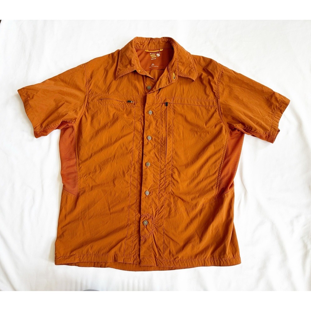 Mountain Hardwear Men Large Orange Short Sleeve Button Up Nylon Stretchy Vented